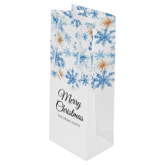 Blue Waterverf Winter Snowflake Vrolijk Kerstfeest Wijn Cadeautas (Voorkant Gekanteld)