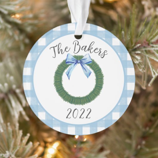 Blue Waterverf Wreate Family Year in Review Ornament (Boom)