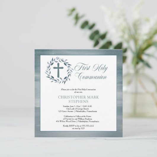 Blue Waterverf Wreath Boy First Kaart (Staand voorkant)