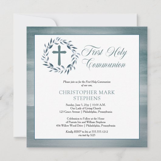 Blue Waterverf Wreath Boy First Kaart (Voorkant)