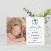 Blue Waterverf Wreath Boy Foto Baptisme Hartelijk  Bedankkaart (Staand voorkant)