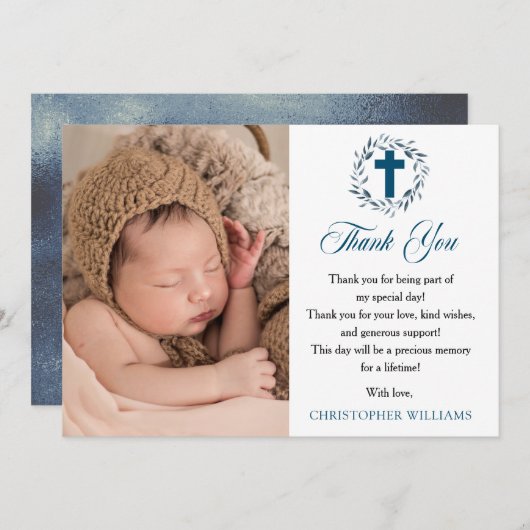 Blue Waterverf Wreath Boy Foto Baptisme Hartelijk  Bedankkaart (Voorkant / Achterkant)