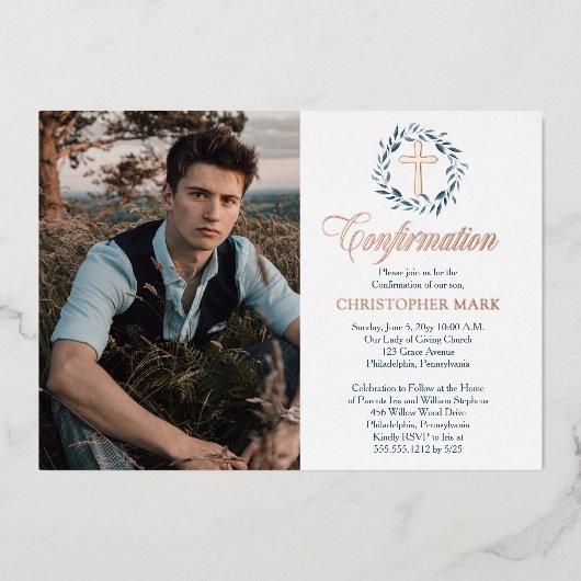 Blue Waterverf Wreath Boy Fotobevestiging Folie Uitnodiging (Voorkant)