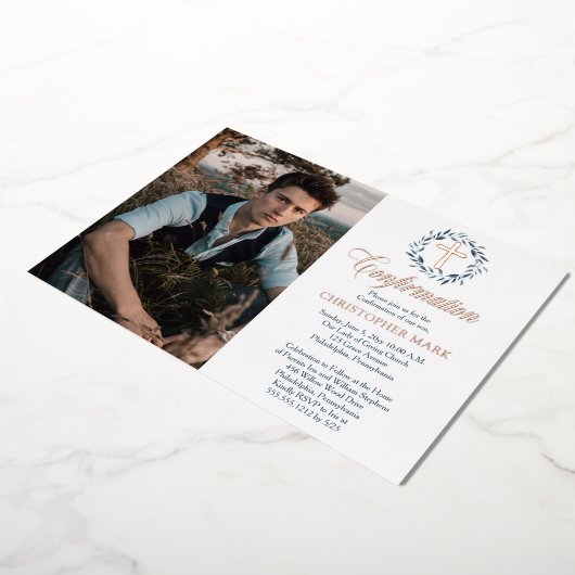 Blue Waterverf Wreath Boy Fotobevestiging Folie Uitnodiging (Gedraaid)