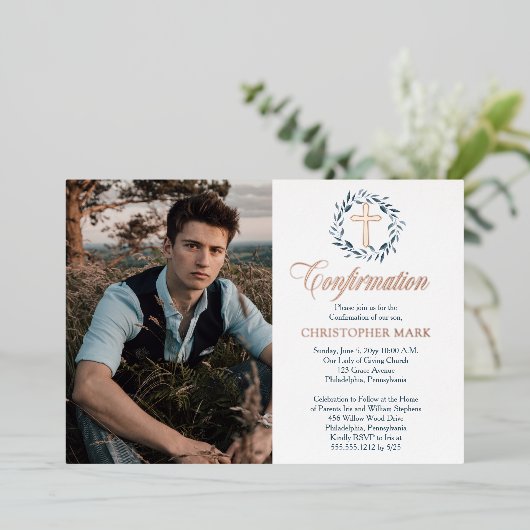 Blue Waterverf Wreath Boy Fotobevestiging Folie Uitnodiging (Staand Voorkant)