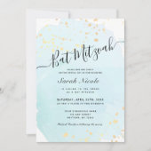 Blue Waterverf x Gold Spletters Bat Mitzvah Kaart (Voorkant)