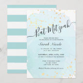 Blue Waterverf x Gold Spletters Bat Mitzvah Kaart (Voorkant / Achterkant)