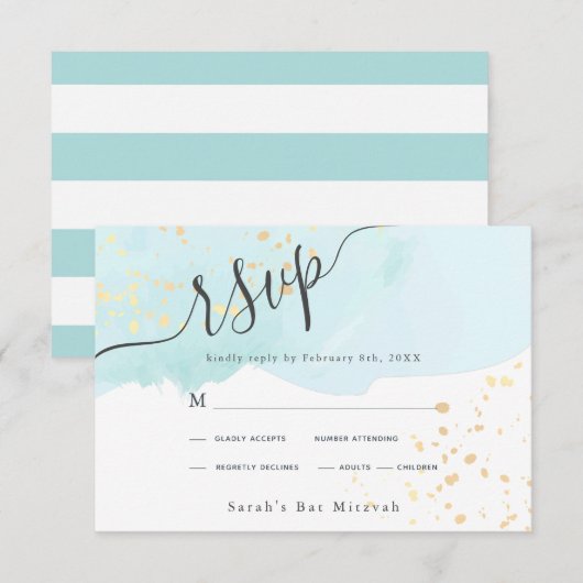 Blue Waterverf x Gold Spletters Bat Mitzvah RSVP Kaartje (Voorkant / Achterkant)