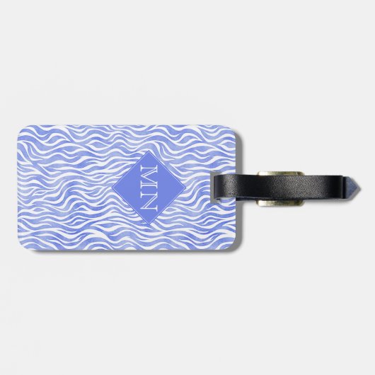 Blue Waterverf Zebra Pattern | Monogram Bagagelabel (Achterkant horizontaal)