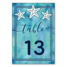Blue Waterverf Zee Ocean Wedding Table Number