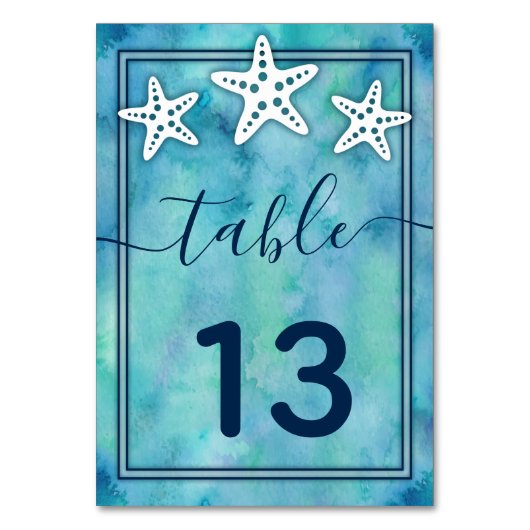 Blue Waterverf Zee Ocean Wedding Table Number Kaart (Voorkant)