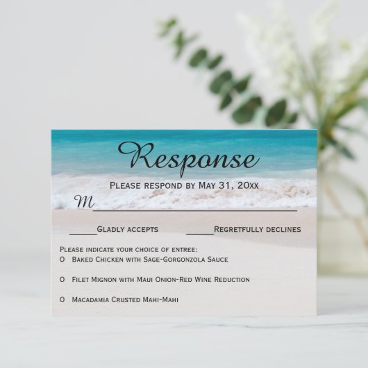 Blue Watts White Sand RSVP Responskaarten (Staand voorkant)