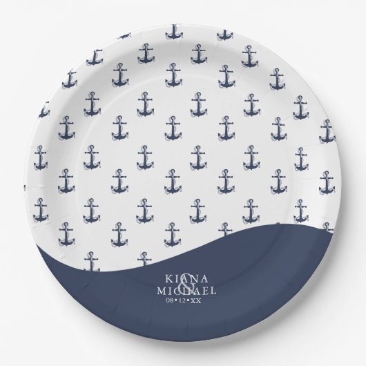 Blue Wave Anchor Pattern Wedding V1 ID836 Papieren Bordje (Voorkant)