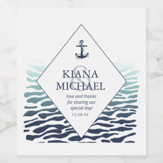 Blue Wave Anchor Wedding Bedankt, ID836 Wijn Etiket (Enkel label)