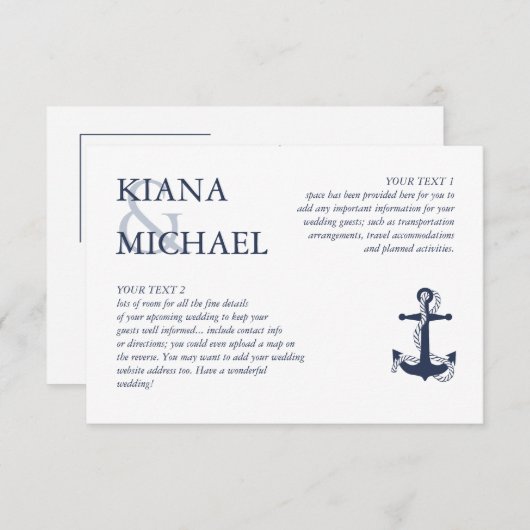 Blue Wave Anchor Wedding Details Navy/WHT ID836 Informatiekaartje (Voorkant / Achterkant)