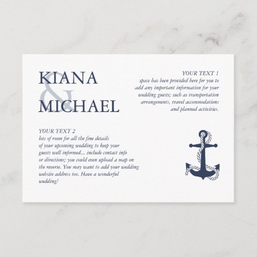 Blue Wave Anchor Wedding Details Navy/WHT ID836 Informatiekaartje (Voorkant)