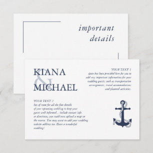 Blue Wave Anchor Wedding Details Navy/WHT ID836 Informatiekaartje