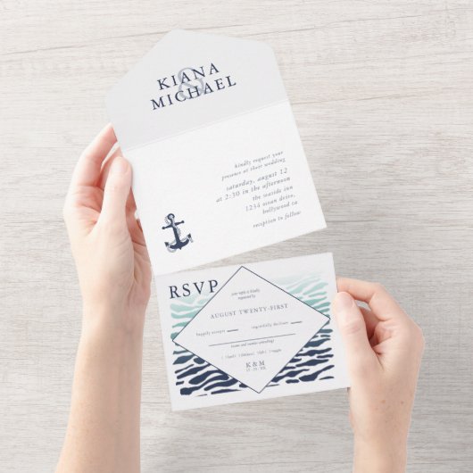 Blue Wave Anchor Wedding ID836 All In One Uitnodiging (Afscheurbaar)
