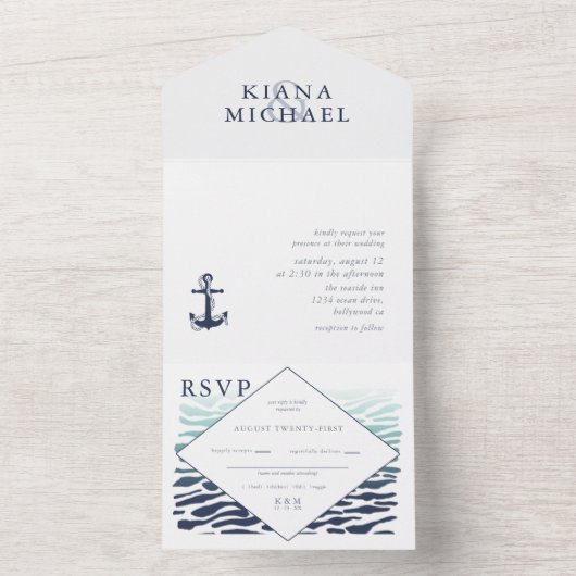Blue Wave Anchor Wedding ID836 All In One Uitnodiging (Binnen)