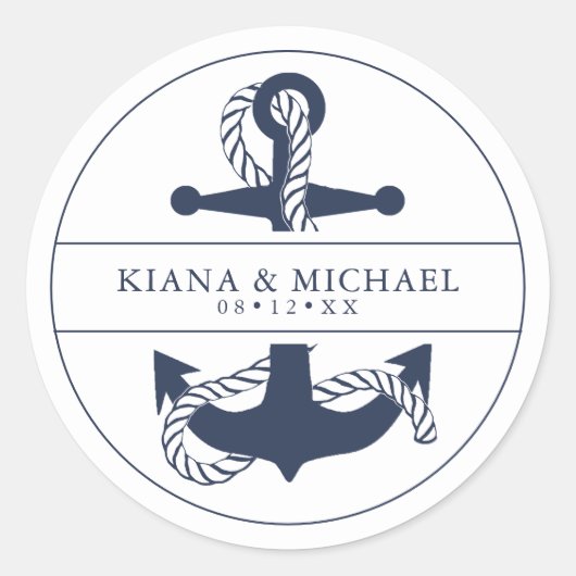 Blue Wave Anchor Wedding V2 Navy/WHT ID836 Ronde Sticker (Voorkant)