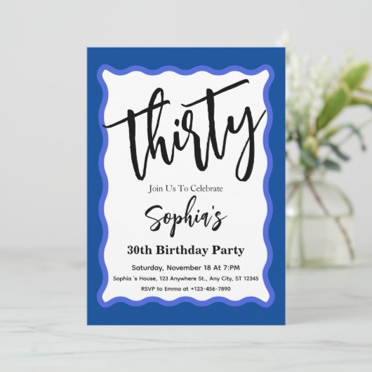 Blue Wave Curve Modern Script 30e verjaardagsfeest Kaart (Staand voorkant)