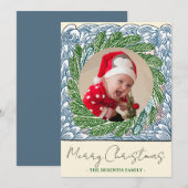 Blue Wave Evergreen Lijst One Photo Christmas Feestdagenkaart (Voorkant / Achterkant)