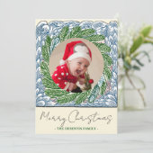 Blue Wave Evergreen Lijst One Photo Christmas Feestdagenkaart (Staand voorkant)