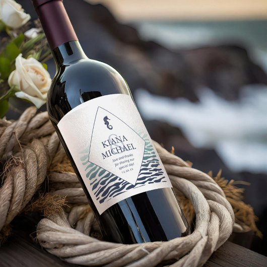 Blue Wave Seahorse Wedding Bedankt ID836 Wijn Etiket