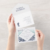 Blue Wave Seahorse Wedding ID836 All In One Uitnodiging (Afscheurbaar)