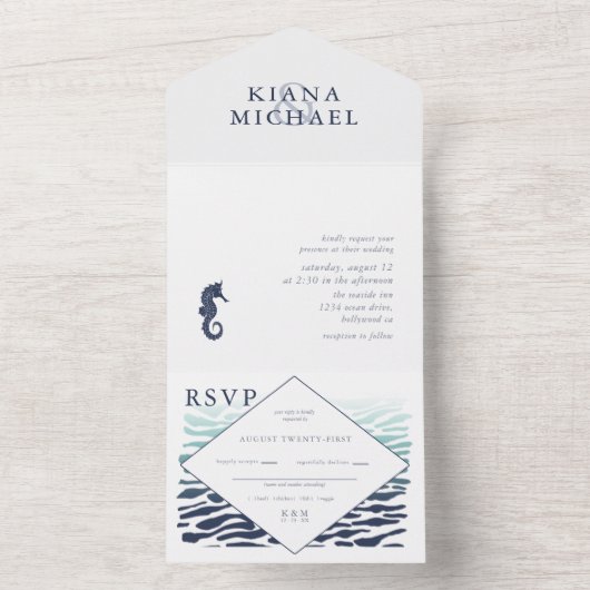 Blue Wave Seahorse Wedding ID836 All In One Uitnodiging (Binnen)