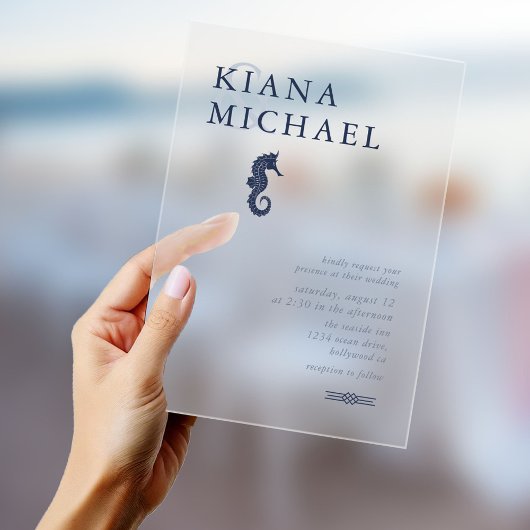 Blue Wave Seahorse Wedding Navy ID836 Acryl Uitnodigingen