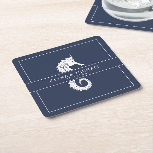 Blue Wave Seahorse Wedding Wht/Navy ID836 Kartonnen Onderzetters (Schuin)