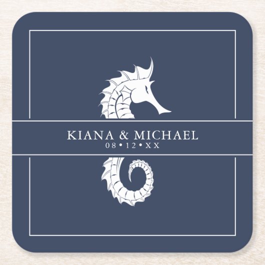 Blue Wave Seahorse Wedding Wht/Navy ID836 Kartonnen Onderzetters (Voorkant)