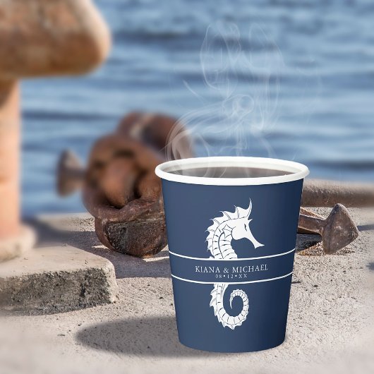 Blue Wave Seahorse Wedding Wht/Navy ID836 Papieren Bekers