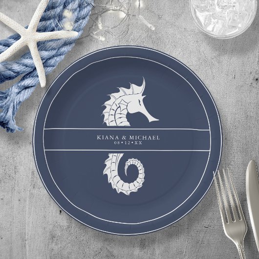 Blue Wave Seahorse Wedding Wht/Navy ID836 Papieren Bordje