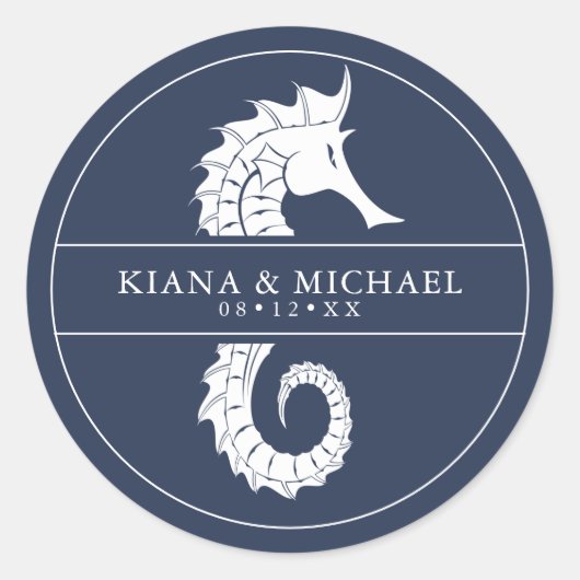 Blue Wave Seahorse Wedding Wht/Navy ID836 Ronde Sticker (Voorkant)