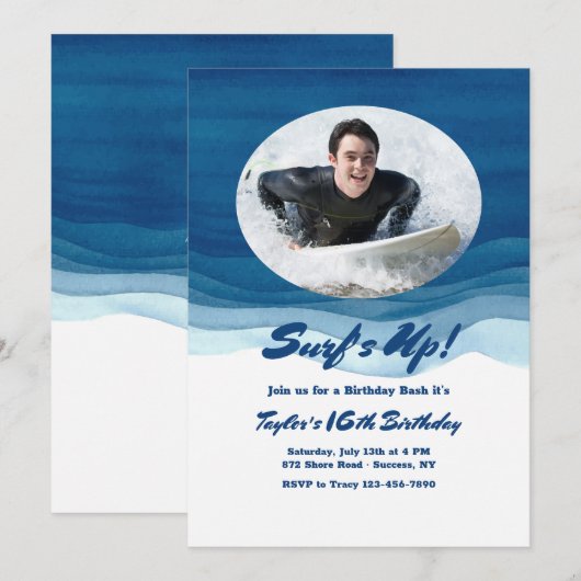 Blue Waves Foto Uitnodiging Verjaardag (Voorkant / Achterkant)