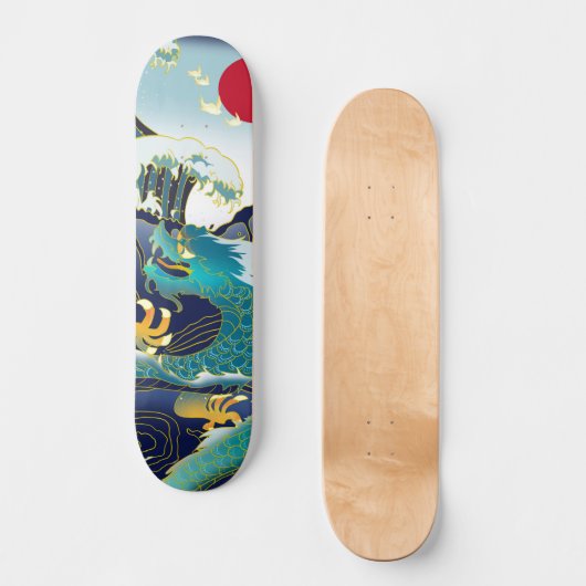 Blue Waves Green Dragon Red Sun Skateboard (Voorkant)