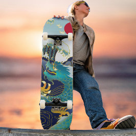 Blue Waves Green Dragon Red Sun Skateboard