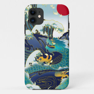 Blue Waves Green Dragon Red Sun Skateboard Case-Mate iPhone Case