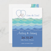 Blue Waves Loopy Heart Beach Modern Save The Date Aankondigingskaart (Voorkant / Achterkant)