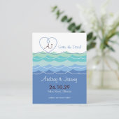 Blue Waves Loopy Heart Beach Modern Save The Date Aankondigingskaart (Staand voorkant)