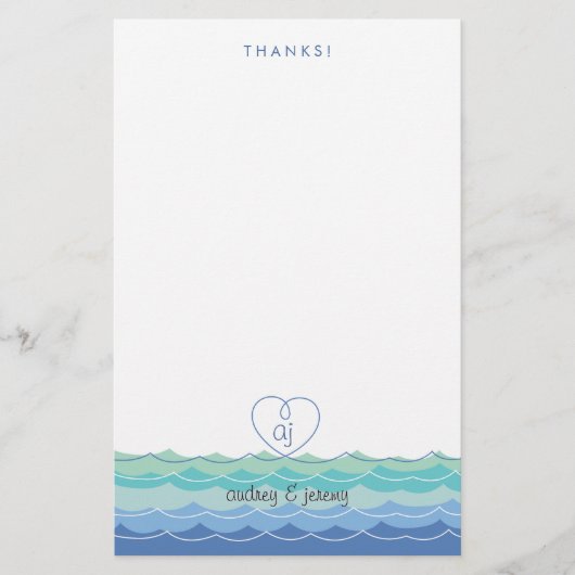 Blue Waves Loopy Heart Dank u Stationery Briefpapier (Voorkant)