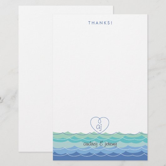 Blue Waves Loopy Heart Dank u Stationery Briefpapier (Voorkant / Achterkant)