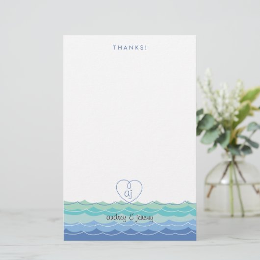 Blue Waves Loopy Heart Dank u Stationery Briefpapier (Staand voorkant)