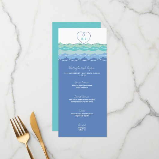 Blue Waves Loopy Love Heart Monogram Beach Weddens Menu (Voorkant / Achterkant in situ)