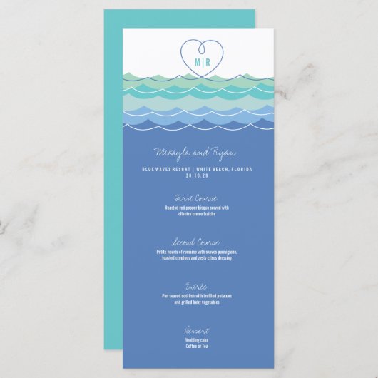 Blue Waves Loopy Love Heart Monogram Beach Weddens Menu (Voorkant / Achterkant)