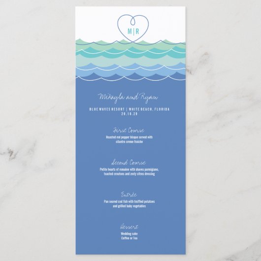 Blue Waves Loopy Love Heart Monogram Beach Weddens Menu (Voorkant)