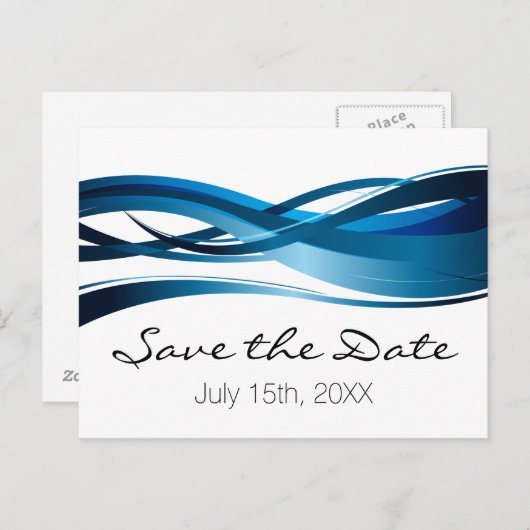 Blue Waves Modern Wedding Save the Date Aankondigingskaart (Voorkant / Achterkant)