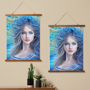 Blue Wavy Hair Fantasy Girl Abstracte Fine Art Hangend Wandkleed